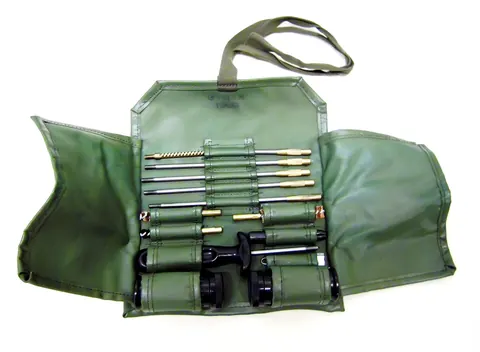 Rifle cleaning kit in a canvas pouch