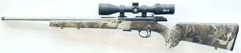 CZ 457 stainless rifle with camo stock and scope